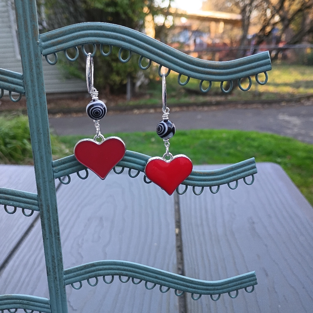 Red Enamel Heart Earrings with Black and White Beads